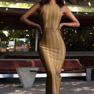 ✨ HOUSE OF CB “Marzena” Camel & Gold Self Stripe Bandage Midi Dress ✨